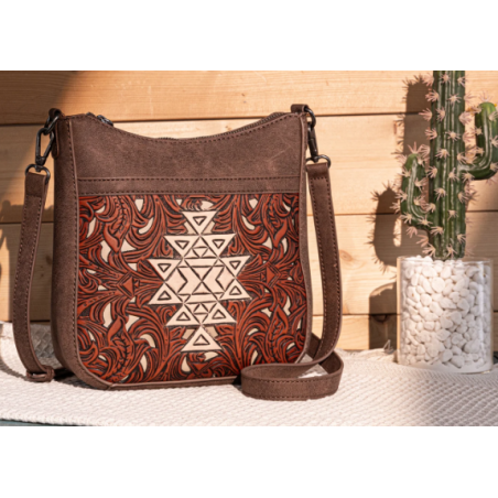 TW Pattern Tooled Collection Crossbody Bag - Brown