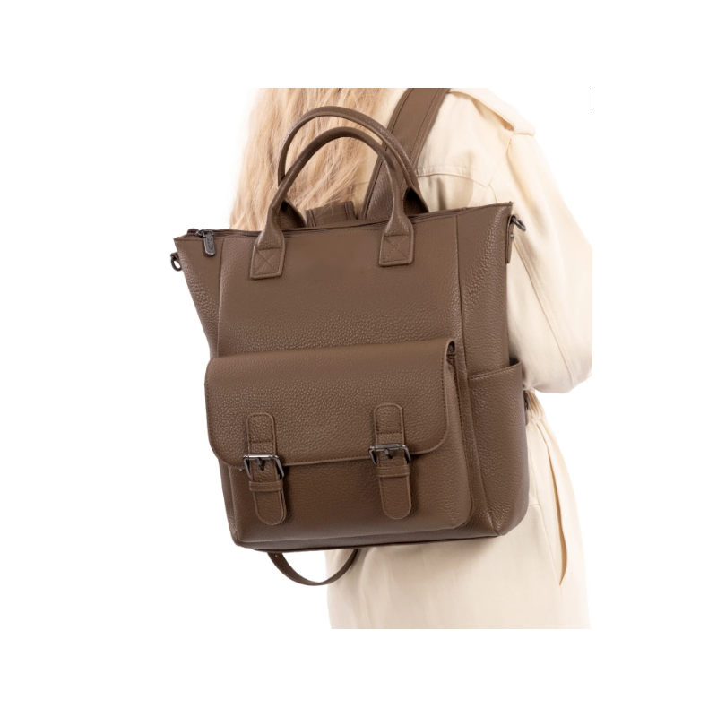 Cow Print Tote/Shoulder Bag Convertible Backpack - Khaki