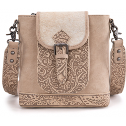 TW Collection Genuine Hair-On Cowhide Tooled Concealed Carry Crossbody Bag - Camel Tan
