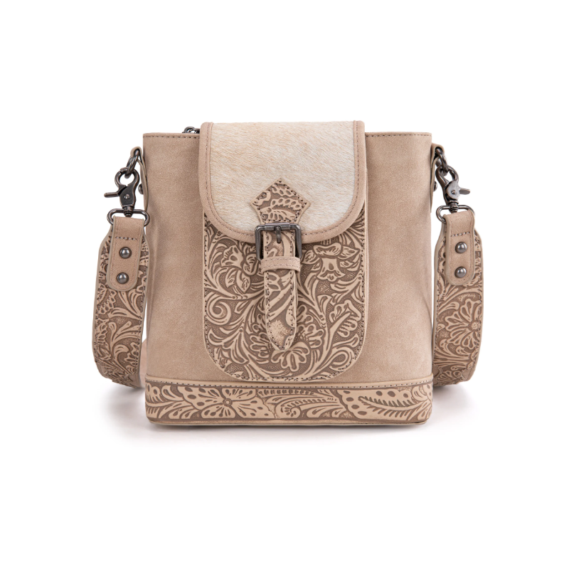 TW Collection Genuine Hair-On Cowhide Tooled Concealed Carry Crossbody Bag - Camel Tan