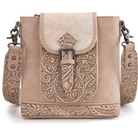 TW Collection Genuine Hair-On Cowhide Tooled Concealed Carry Crossbody Bag - Camel Tan