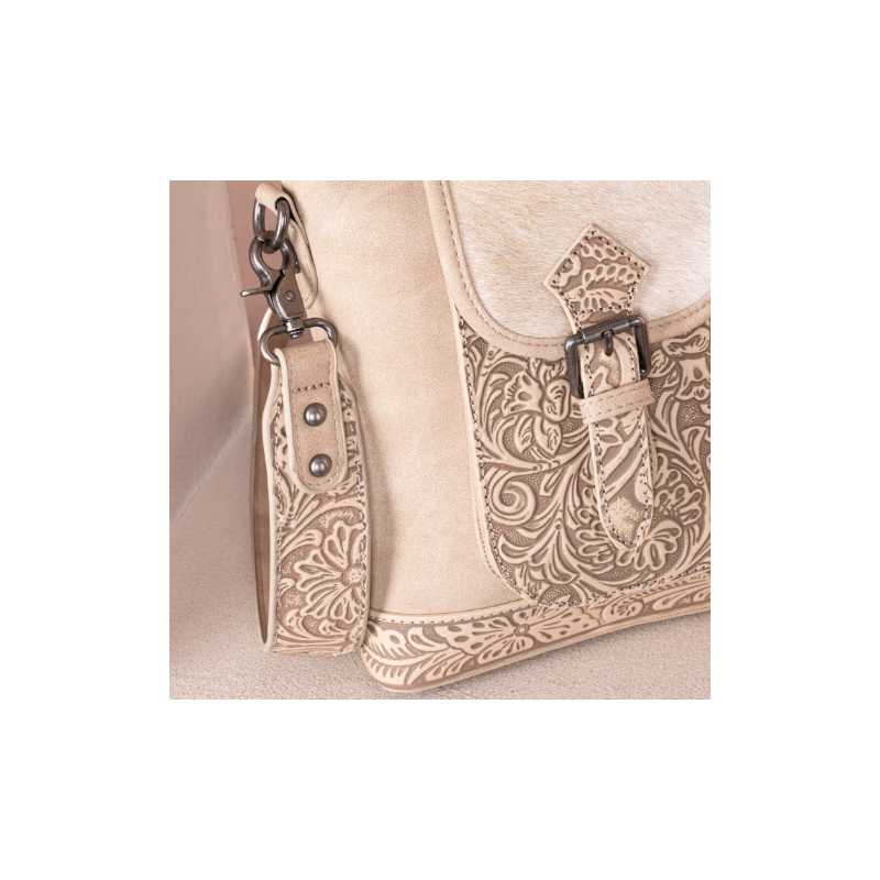 TW Collection Genuine Hair-On Cowhide Tooled Concealed Carry Crossbody Bag - Camel Tan