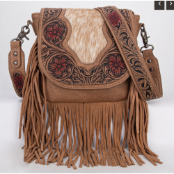 TW Collection Genuine Hair-On Cowhide Tooled Fringe Crossbody Bag -  Brown