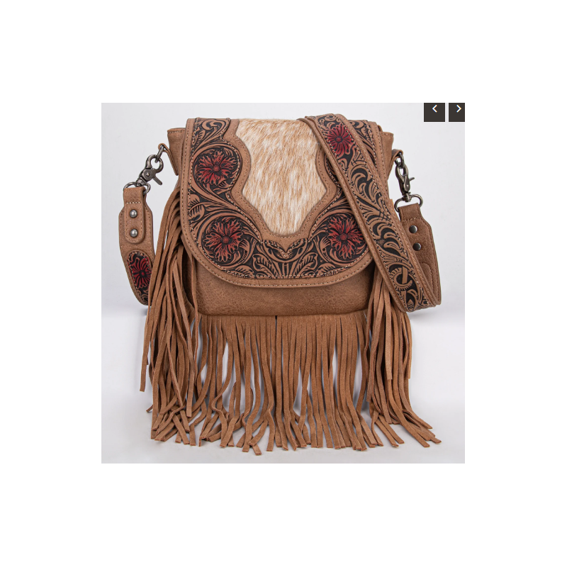 TW Collection Genuine Hair-On Cowhide Tooled Fringe Crossbody Bag -  Brown TW Collection Genuine Hair-On Cowhide Tooled Fringe Crossbody Bag -  Brown