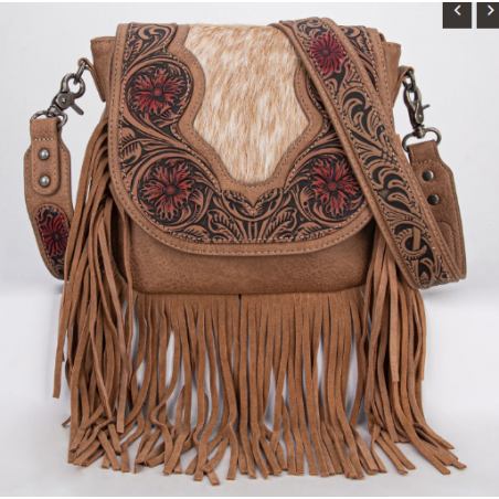 TW Collection Genuine Hair-On Cowhide Tooled Fringe Crossbody Bag -  Brown