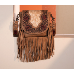 TW Collection Genuine Hair-On Cowhide Tooled Fringe Crossbody Bag -  Brown