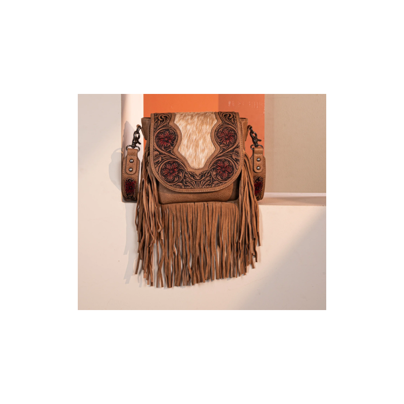 TW Collection Genuine Hair-On Cowhide Tooled Fringe Crossbody Bag -  Brown