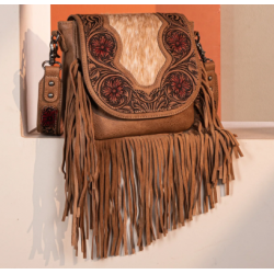 TW Collection Genuine Hair-On Cowhide Tooled Fringe Crossbody Bag -  Brown