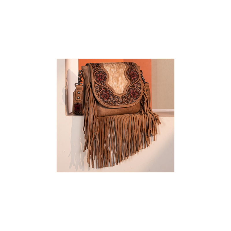 TW Collection Genuine Hair-On Cowhide Tooled Fringe Crossbody Bag -  Brown