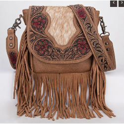 TW Collection Genuine Hair-On Cowhide Tooled Fringe Crossbody Bag -  Brown