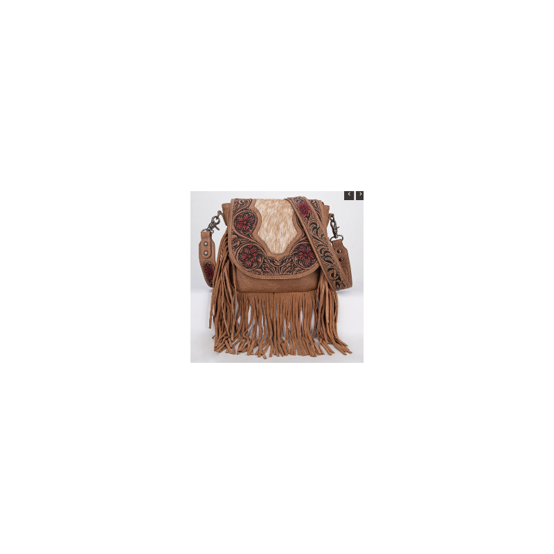 TW Collection Genuine Hair-On Cowhide Tooled Fringe Crossbody Bag -  Brown