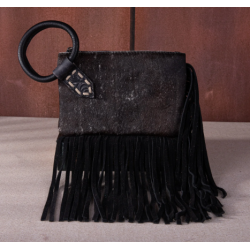 TW Collection Genuine Hair-On Cowhide Ring Handle Bag - Black