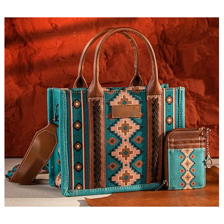 TW CollectionSmall Tote/Crossbody and Card Case Set 2Pc- Burgundy - Turquoise
