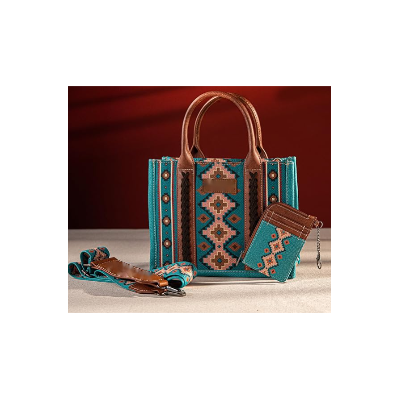 TW CollectionSmall Tote/Crossbody and Card Case Set 2Pc- Burgundy - Turquoise