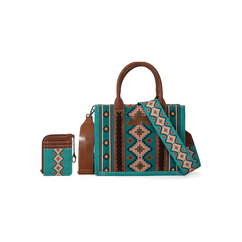 TW CollectionSmall Tote/Crossbody and Card Case Set 2Pc- Burgundy - Turquoise