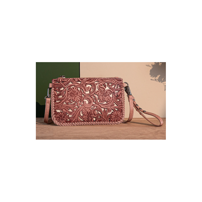 TW Collection - Leather Floral Tooled Collection Clutch - Pink TW Collection - Leather Floral Tooled Collection Clutch - Pink