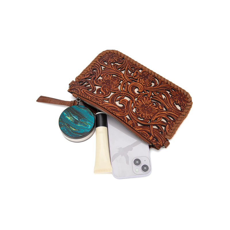 TW Collection - Leather Floral Tooled Collection Clutch - Brown