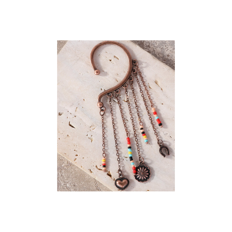 TB's Rustic Beaded Long Dangle Chain Beaded Ear Cuff - Brown TB's Rustic Beaded Long Dangle Chain Beaded Ear Cuff - Brown