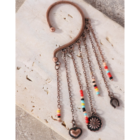 TB's Rustic Beaded Long Dangle Chain Beaded Ear Cuff - Brown