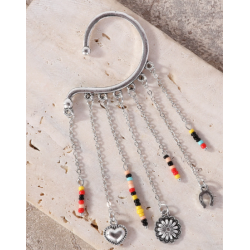TB's Rustic Beaded Long Dangle Chain Beaded Ear Cuff - Silver