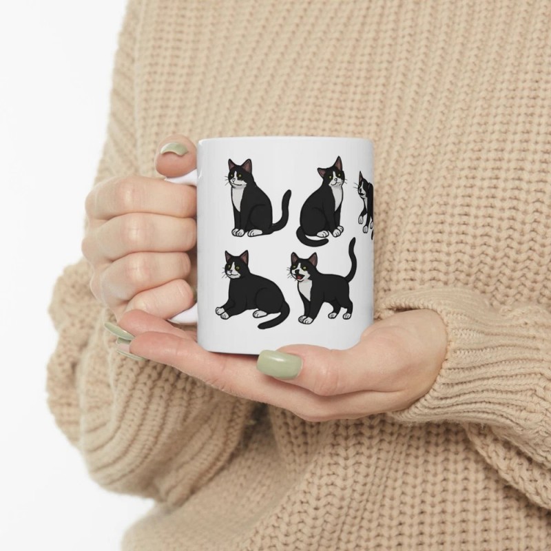 Cute Black Cat Coffee Mug 11oz Funny Tuxedo Kitty Ceramic Tea Cup Gift