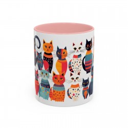 Whimsical Cat Coffee Cup | 330ml Ceramic Two-Tone Mug | Cat Variety Illustration PINK