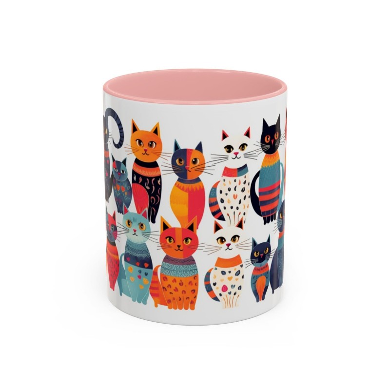 Whimsical Cat Coffee Cup | 330ml Ceramic Two-Tone Mug | Cat Variety Illustration PINK