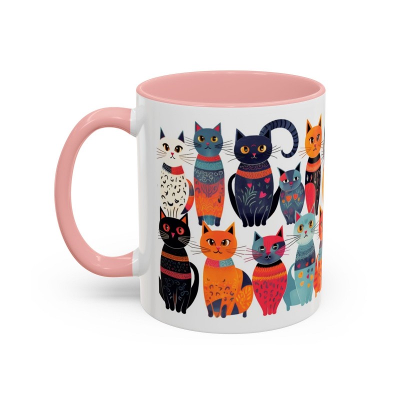 Whimsical Cat Coffee Cup | 330ml Ceramic Two-Tone Mug | Cat Variety Illustration PINK