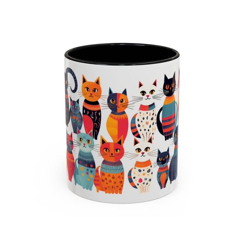 Whimsical Cat Coffee Cup | 330ml Ceramic Two-Tone Mug | Cat Variety Illustration BLACK