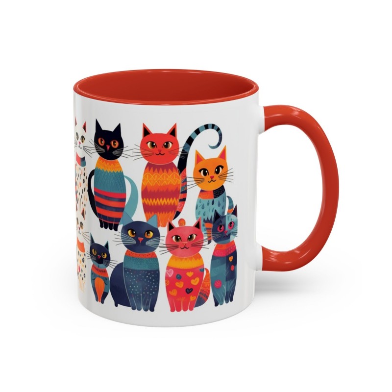 Whimsical Cat Coffee Cup | 330ml Ceramic Two-Tone Mug | Cat Variety Illustration RED Whimsical Cat Coffee Cup | 330ml Ceramic Two-Tone Mug | Cat Variety Illustration RED