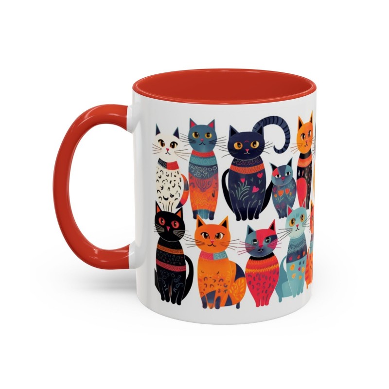 Whimsical Cat Coffee Cup | 330ml Ceramic Two-Tone Mug | Cat Variety Illustration RED