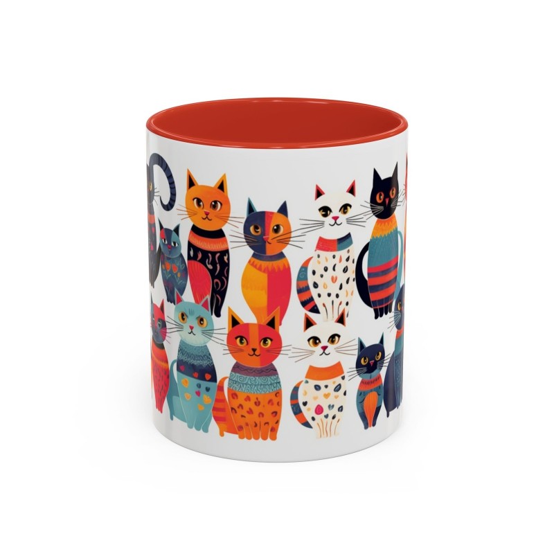 Whimsical Cat Coffee Cup | 330ml Ceramic Two-Tone Mug | Cat Variety Illustration RED