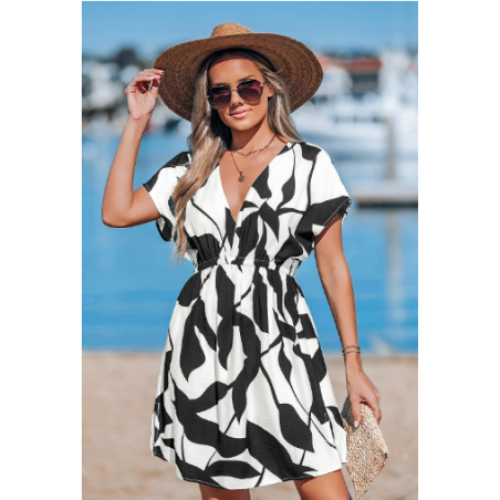 Black & White Abstract Short Sleeve Mini Cover-Up