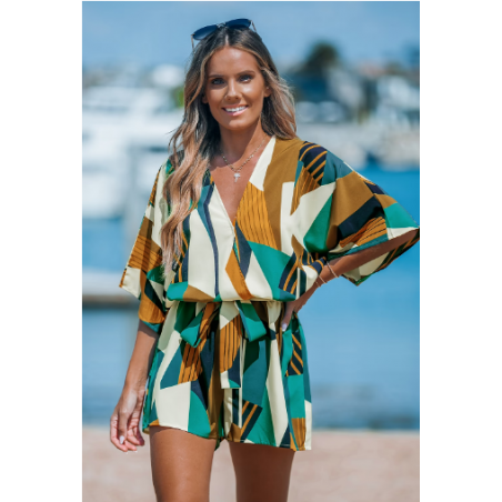 Abstract Geo Dolman Straight Leg Romper