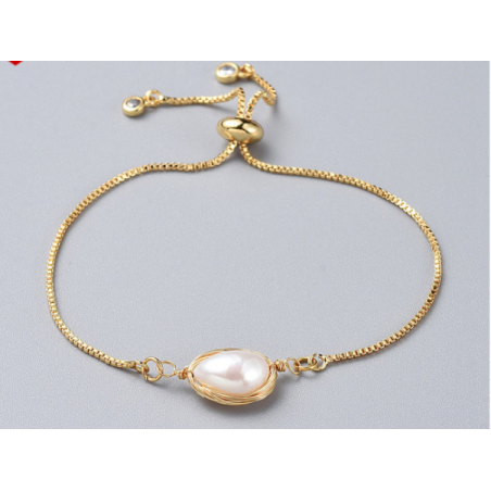 Brass Slider Bracelets, Bolo Bracelets, with Natural Baroque Pearl Keshi Pearl Beads and Box Chains