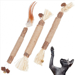 3 Pcs 3 Styles Wood Chew Sticks Cat Teeth Cleaning Chew Toy, with Fearther and Iron Bell