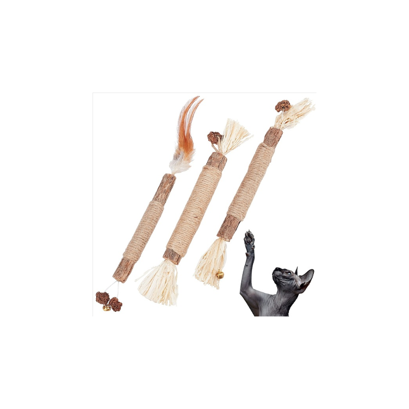 3 Pcs 3 Styles Wood Chew Sticks Cat Teeth Cleaning Chew Toy, with Fearther and Iron Bell 3 Pcs 3 Styles Wood Chew Sticks Cat Teeth Cleaning Chew Toy, with Fearther and Iron Bell