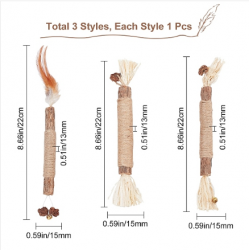 3 Pcs 3 Styles Wood Chew Sticks Cat Teeth Cleaning Chew Toy, with Fearther and Iron Bell